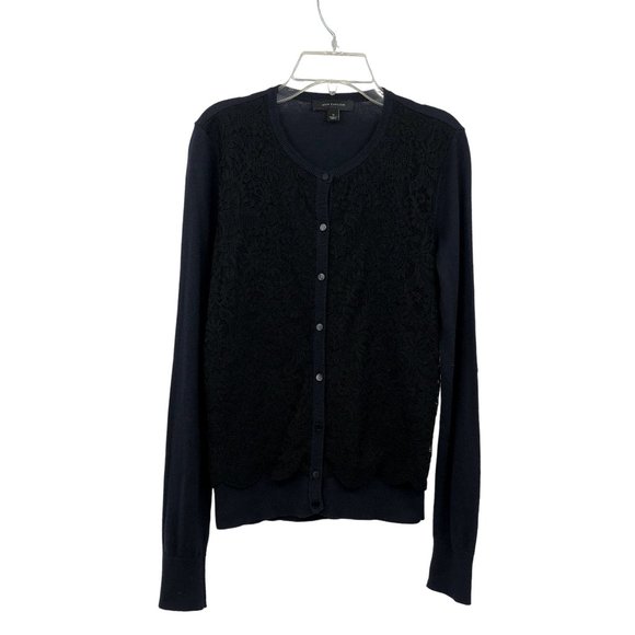 Ann Taylor Cardigan Sweater Womens S Used Navy with Black Lace Front - Picture 13 of 15